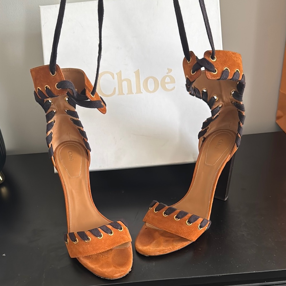 Chloe Brown and Black High Heel Sandals with Lace-Up Design